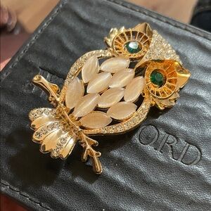 Gold Owl Brooch with Cream Inlay and Green Eyes